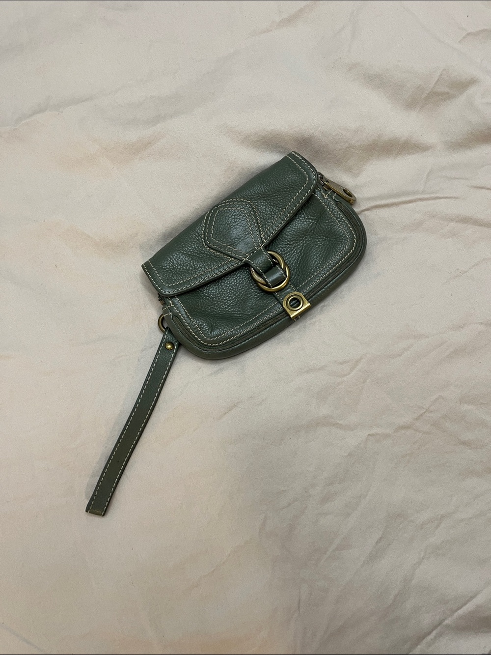 Marc Jacobs Olive Green Leather Wristlet with Brass Buckle